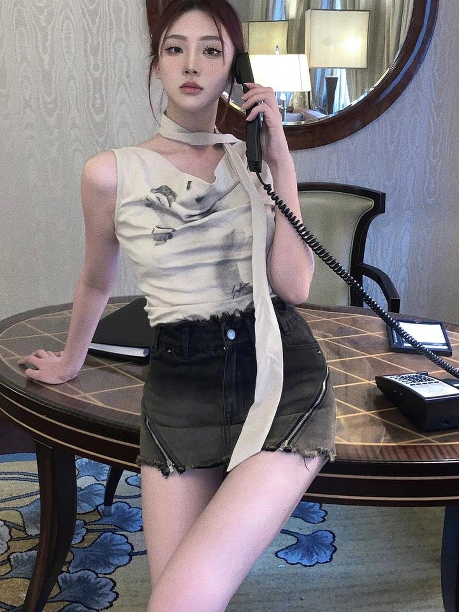 OfAkiva Pleated Drape Neck T-shirt In Khaki Print