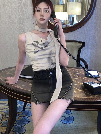 OfAkiva Pleated Drape Neck T-shirt In Khaki Print