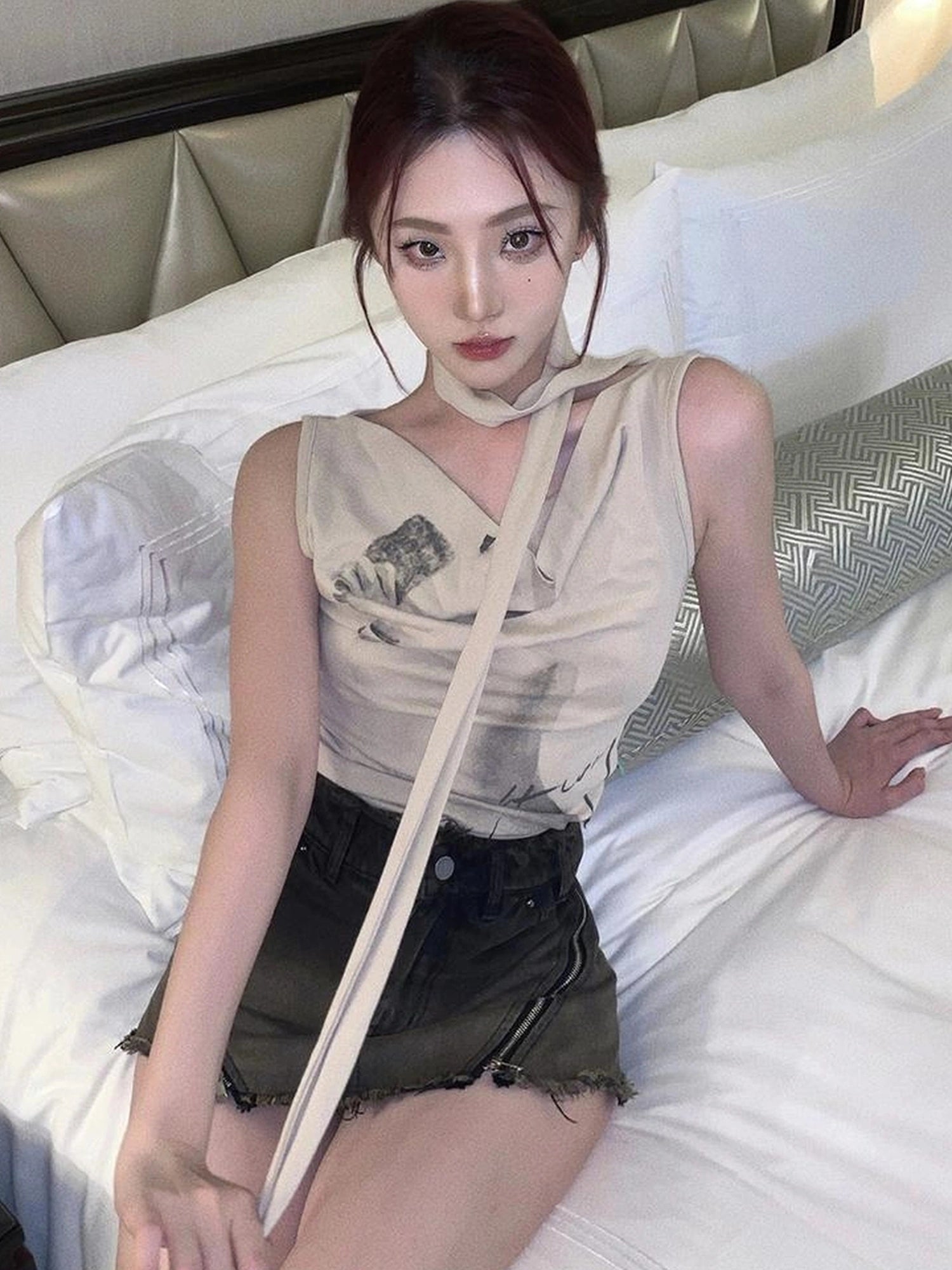 OfAkiva Pleated Drape Neck T-shirt In Khaki Print