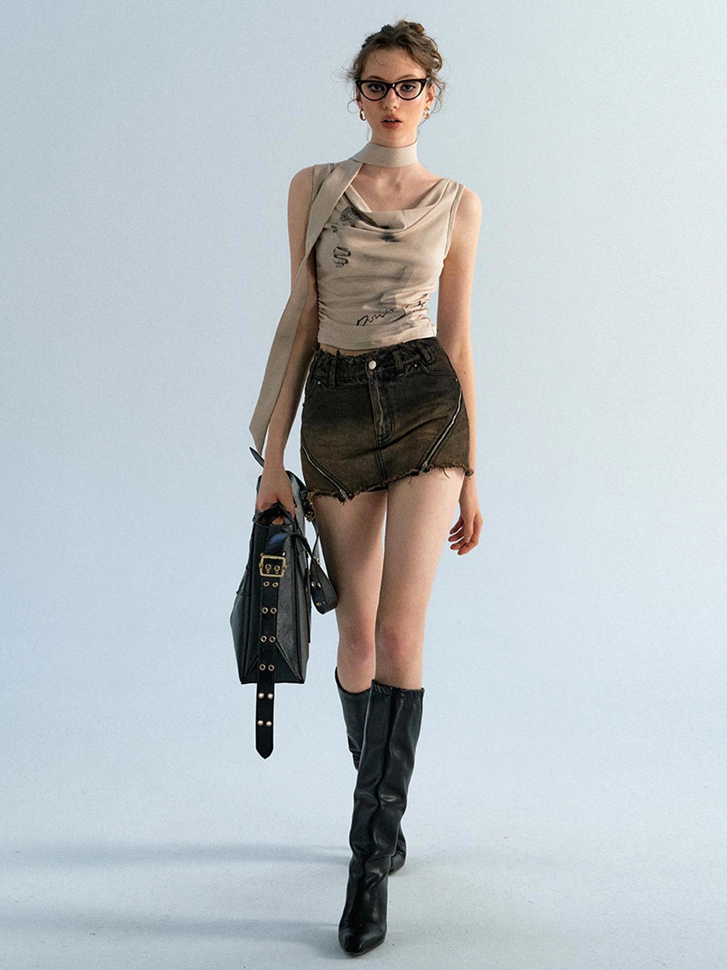 OfAkiva Pleated Drape Neck T-shirt In Khaki Print