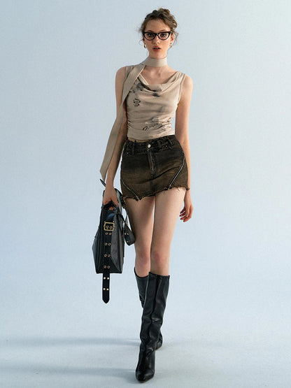 OfAkiva Pleated Drape Neck T-shirt In Khaki Print