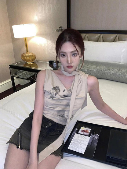 OfAkiva Pleated Drape Neck T-shirt In Khaki Print