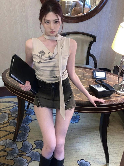 OfAkiva Pleated Drape Neck T-shirt In Khaki Print