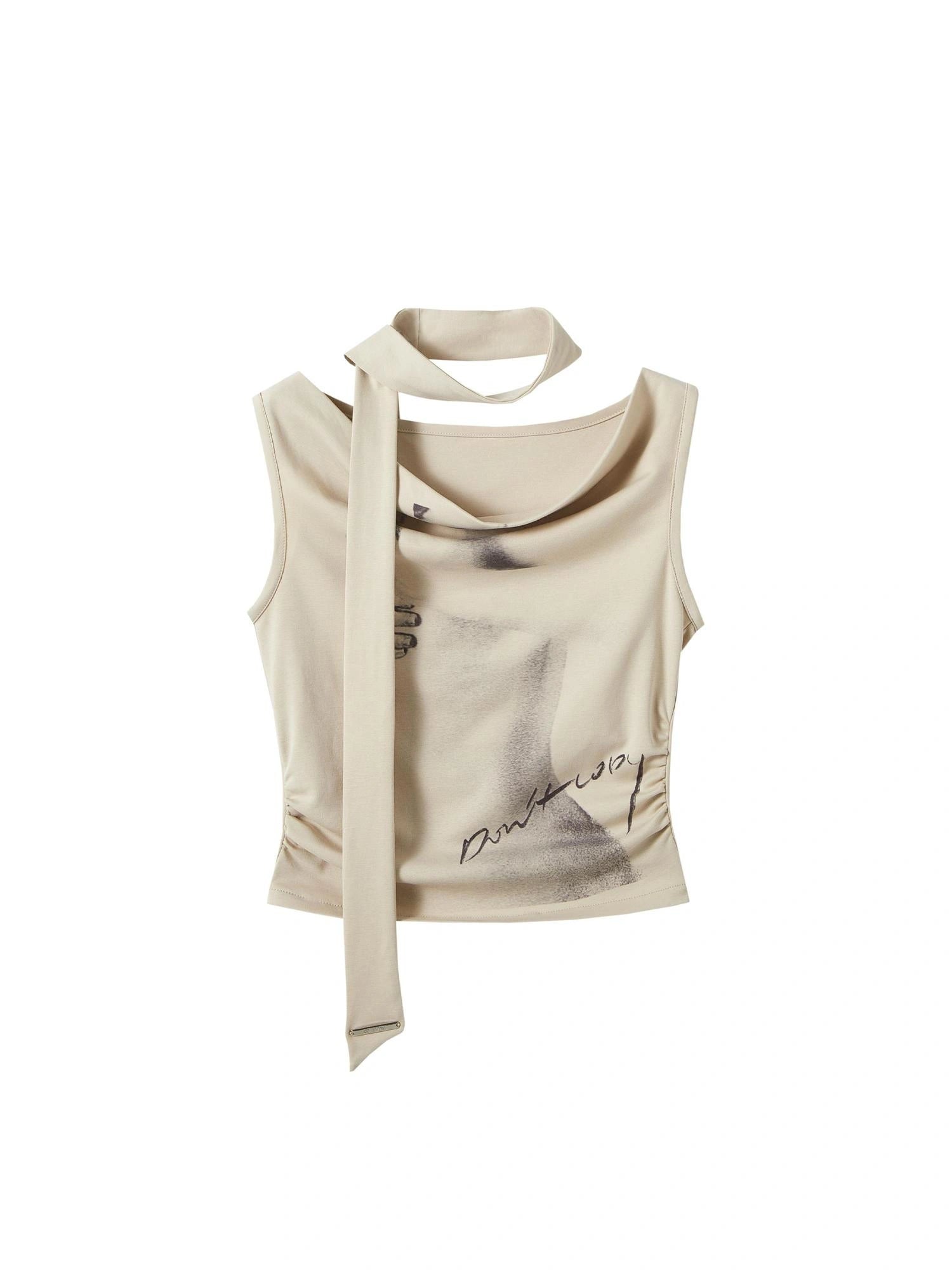 OfAkiva Pleated Drape Neck T-shirt In Khaki Print