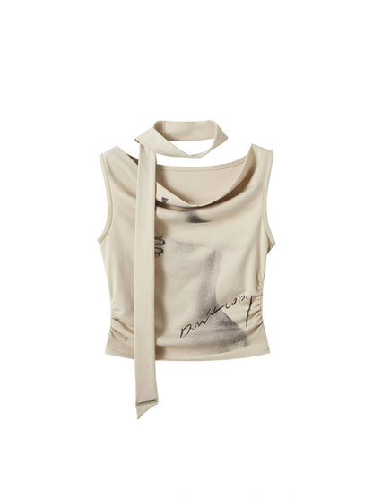 OfAkiva Pleated Drape Neck T-shirt In Khaki Print