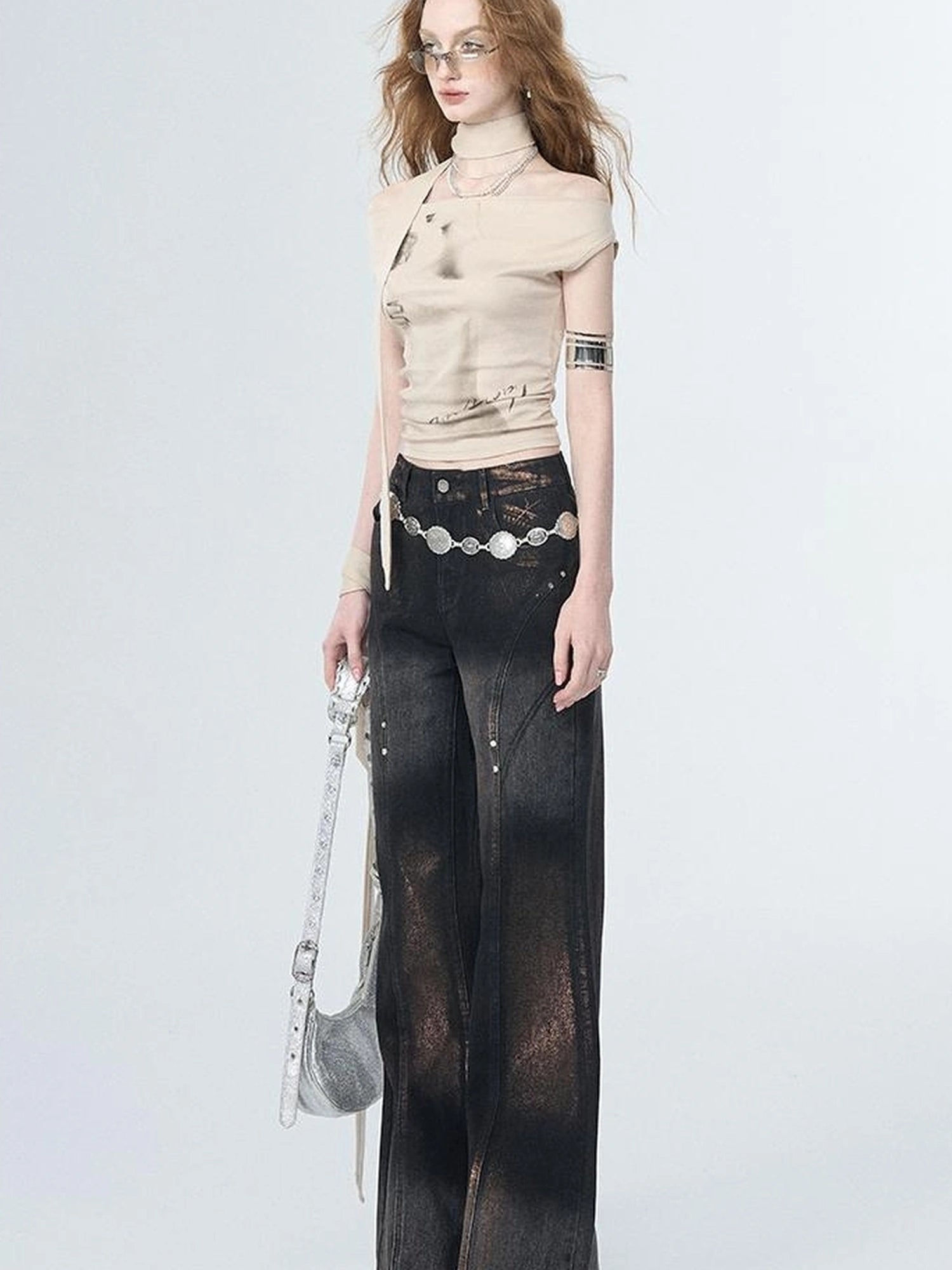 OfAkiva Pleated Drape Neck T-shirt In Khaki Print