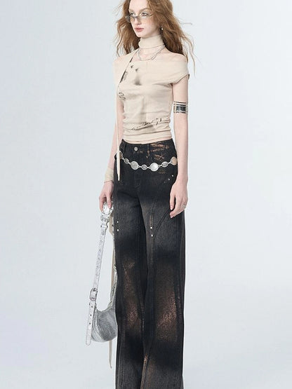 OfAkiva Pleated Drape Neck T-shirt In Khaki Print