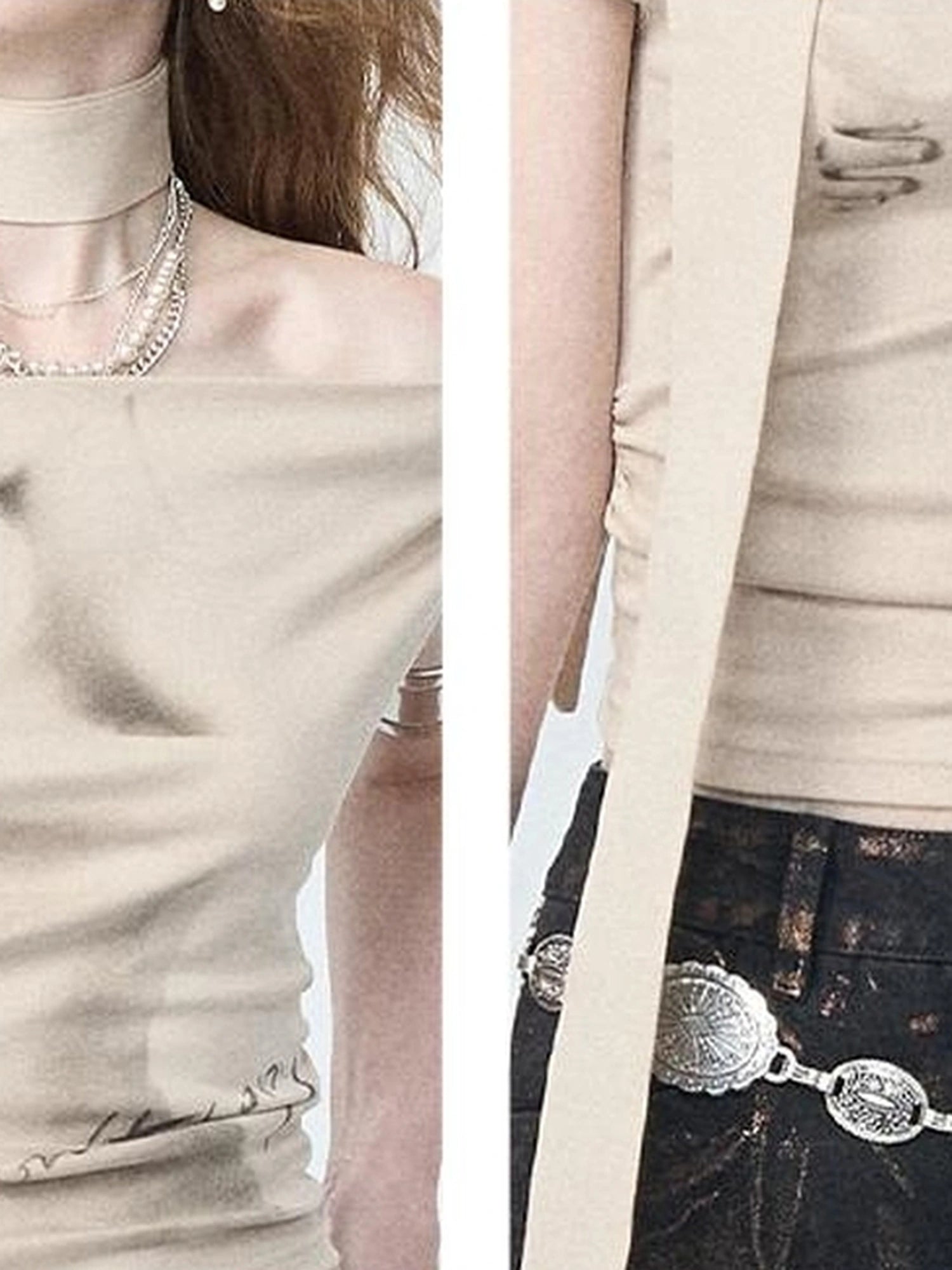 OfAkiva Pleated Drape Neck T-shirt In Khaki Print