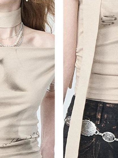 OfAkiva Pleated Drape Neck T-shirt In Khaki Print