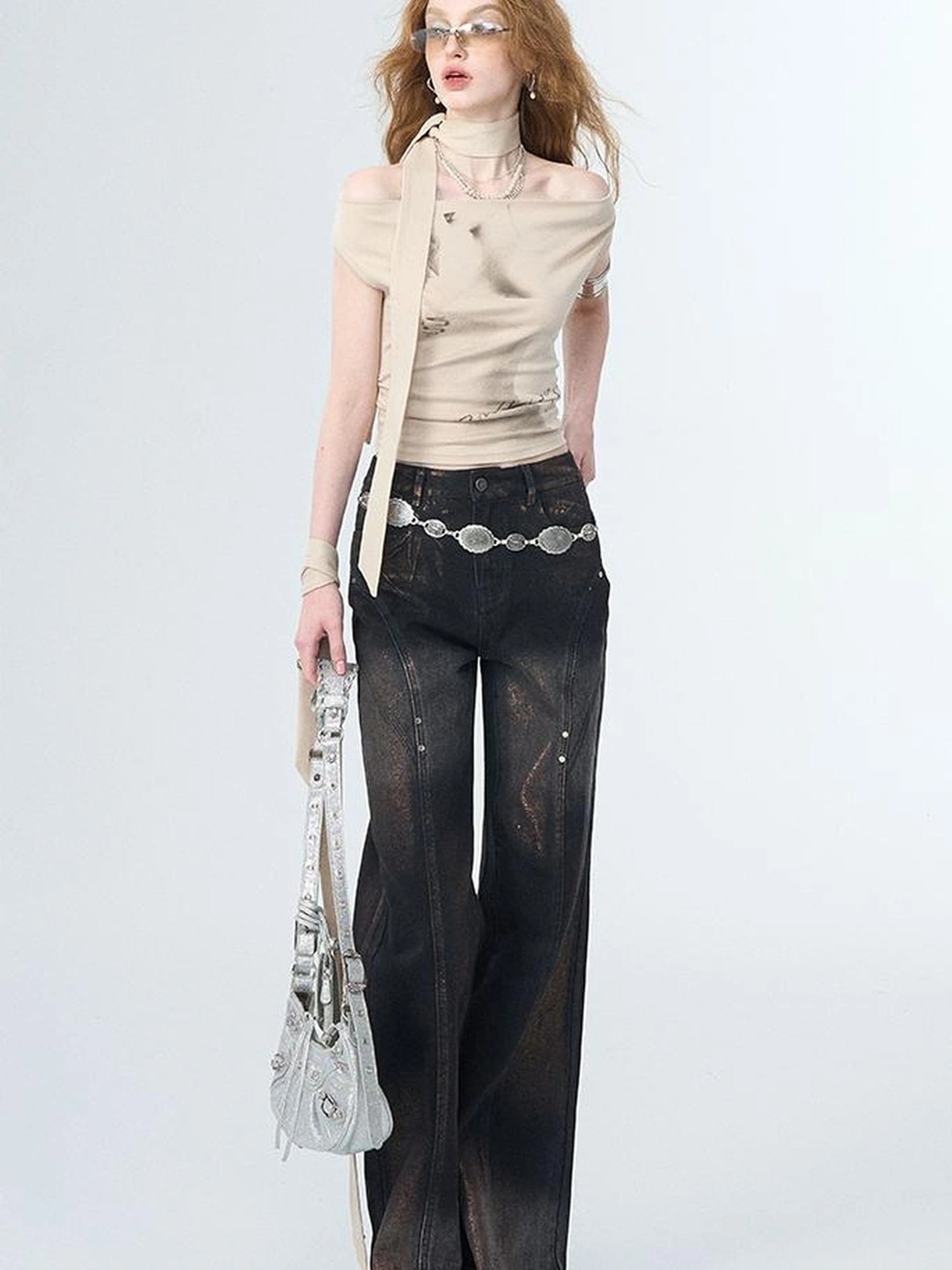 OfAkiva Pleated Drape Neck T-shirt In Khaki Print