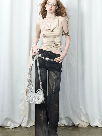 OfAkiva Pleated Drape Neck T-shirt In Khaki Print