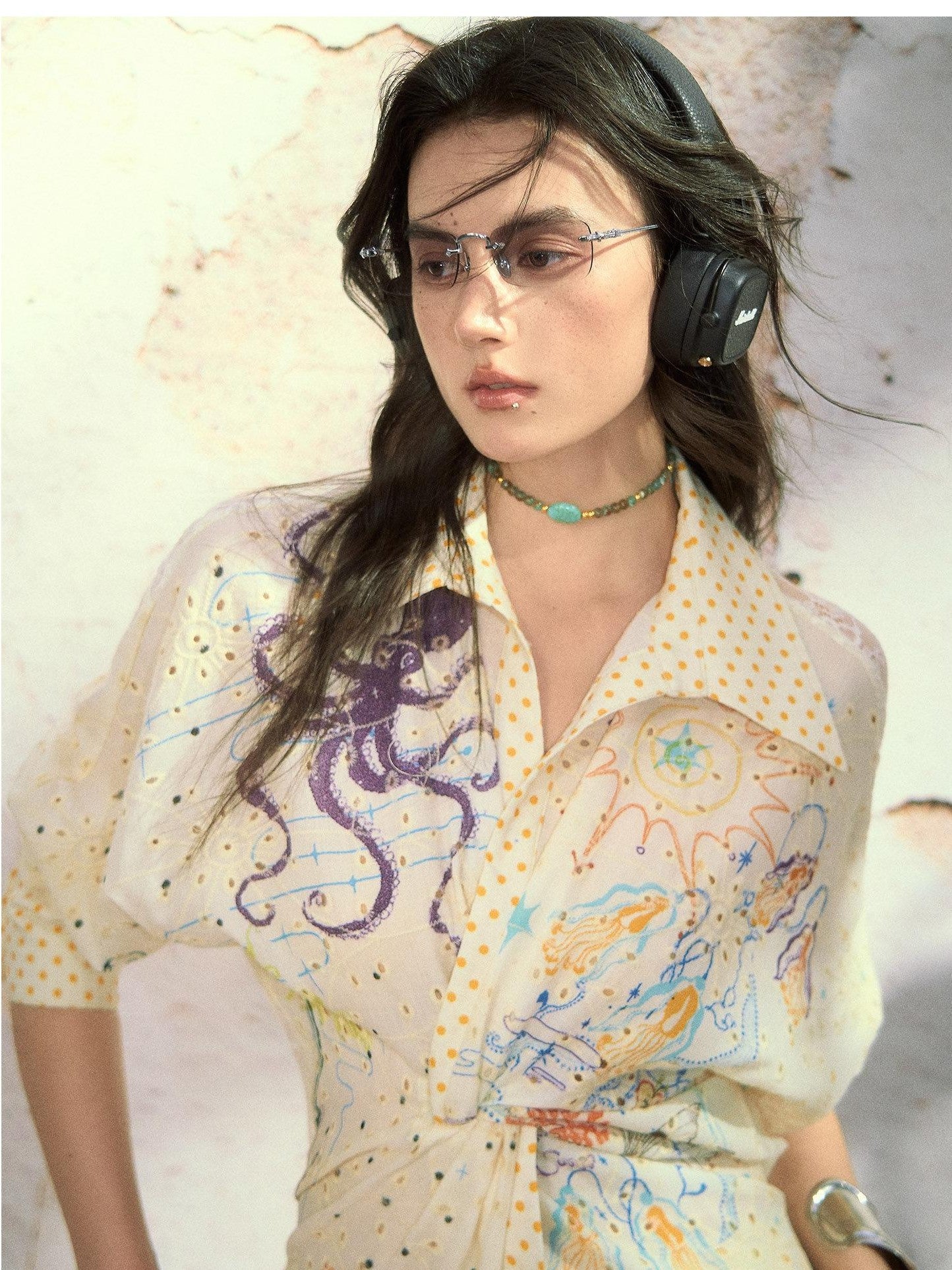 OfAkiva Polka Dot Embroidered Patchwork Twist Knot Women&