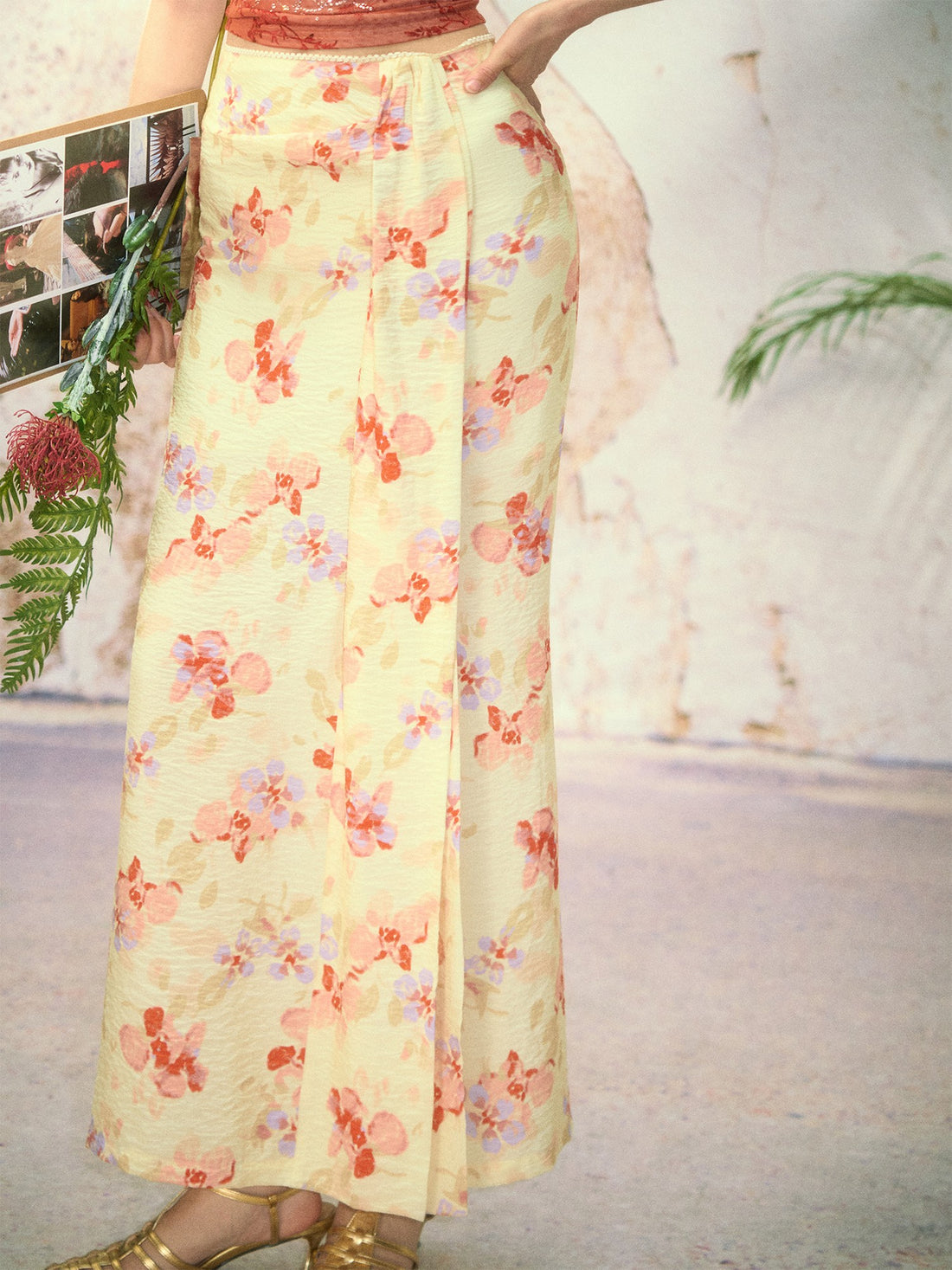 OfAkiva Printed Floral Front Slit High Waist A Line Women&