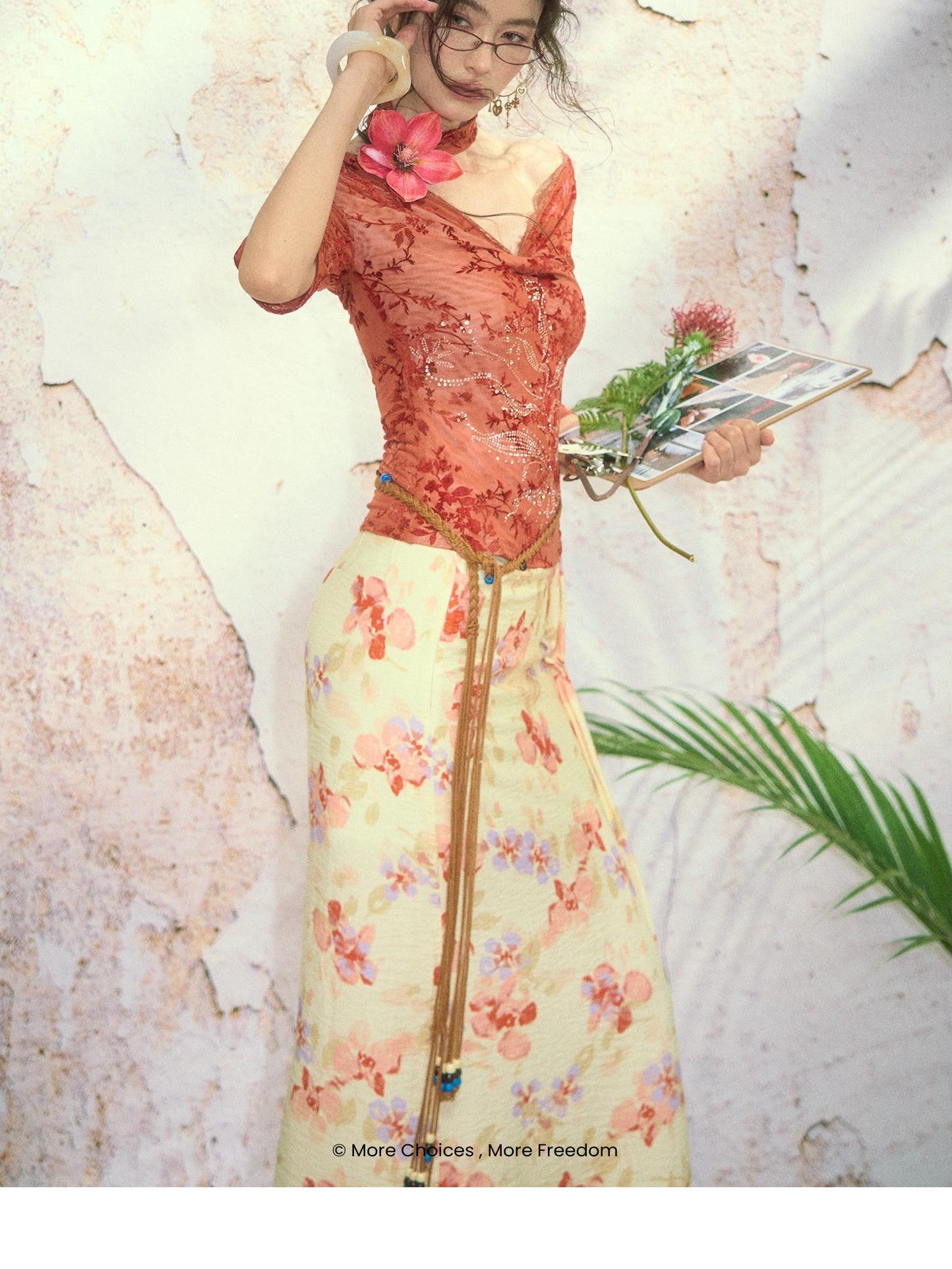 OfAkiva Printed Floral Front Slit High Waist A Line Women&