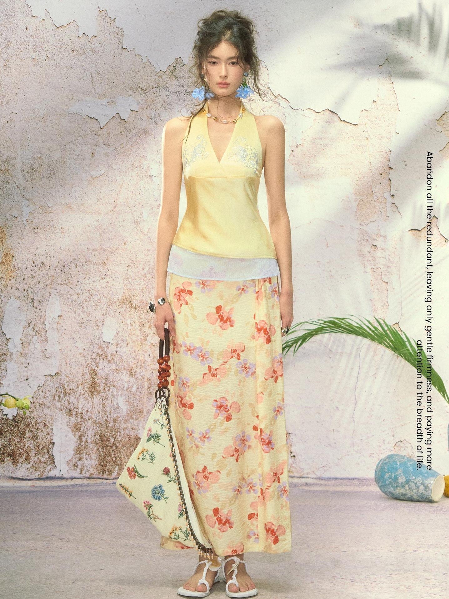 OfAkiva Printed Floral Front Slit High Waist A Line Women&