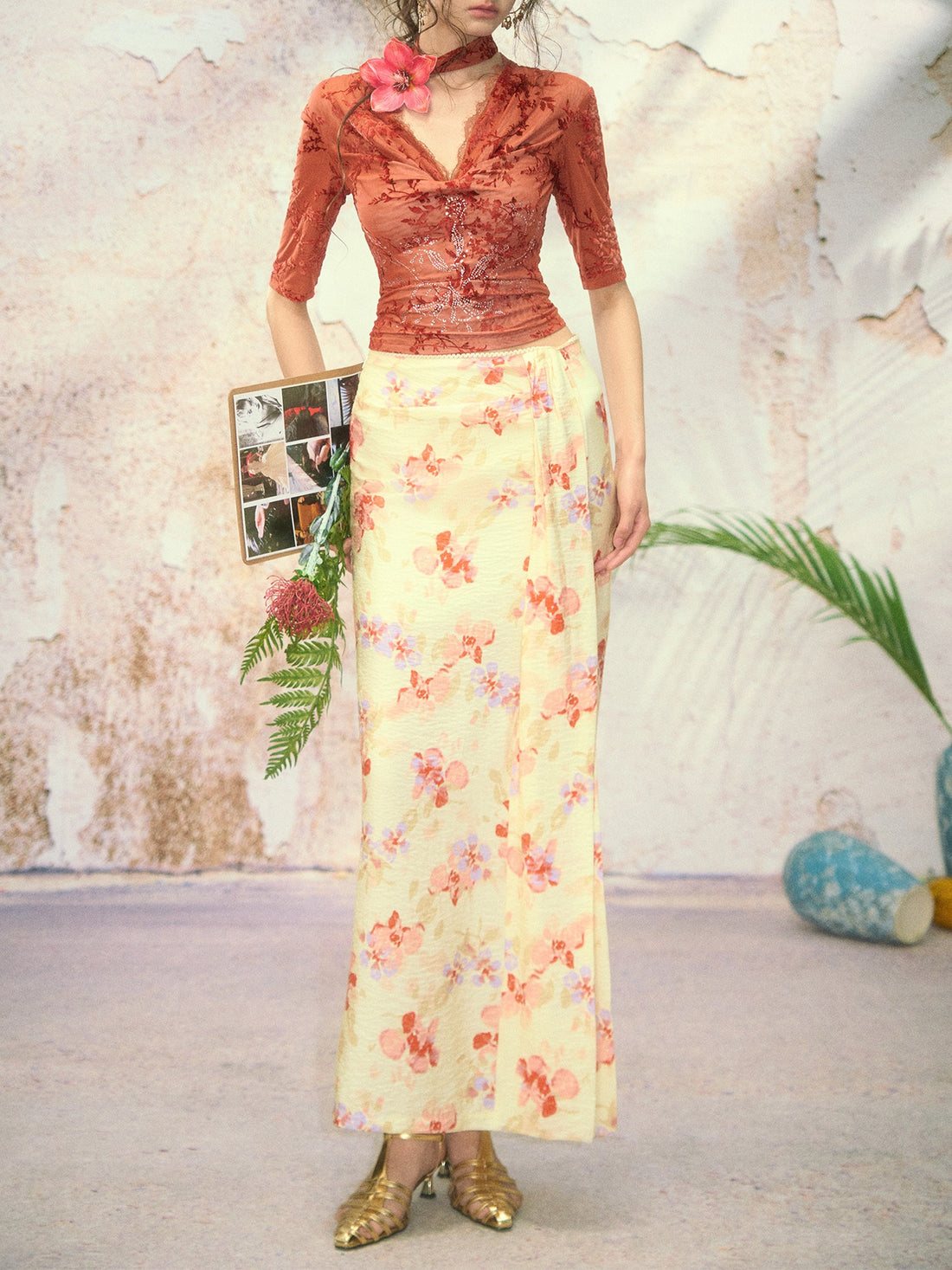 OfAkiva Printed Floral Front Slit High Waist A Line Women&