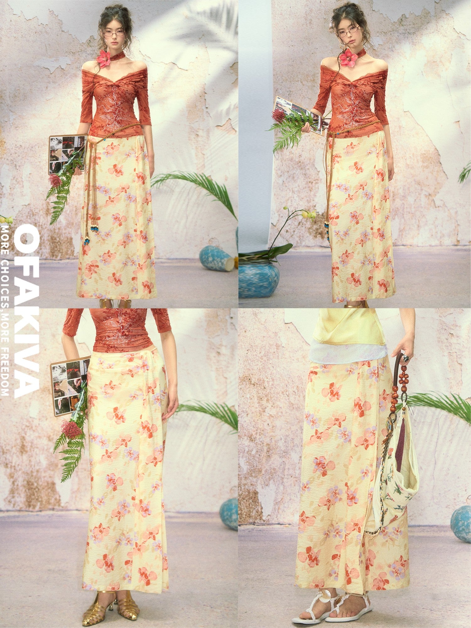 OfAkiva Printed Floral Front Slit High Waist A Line Women&