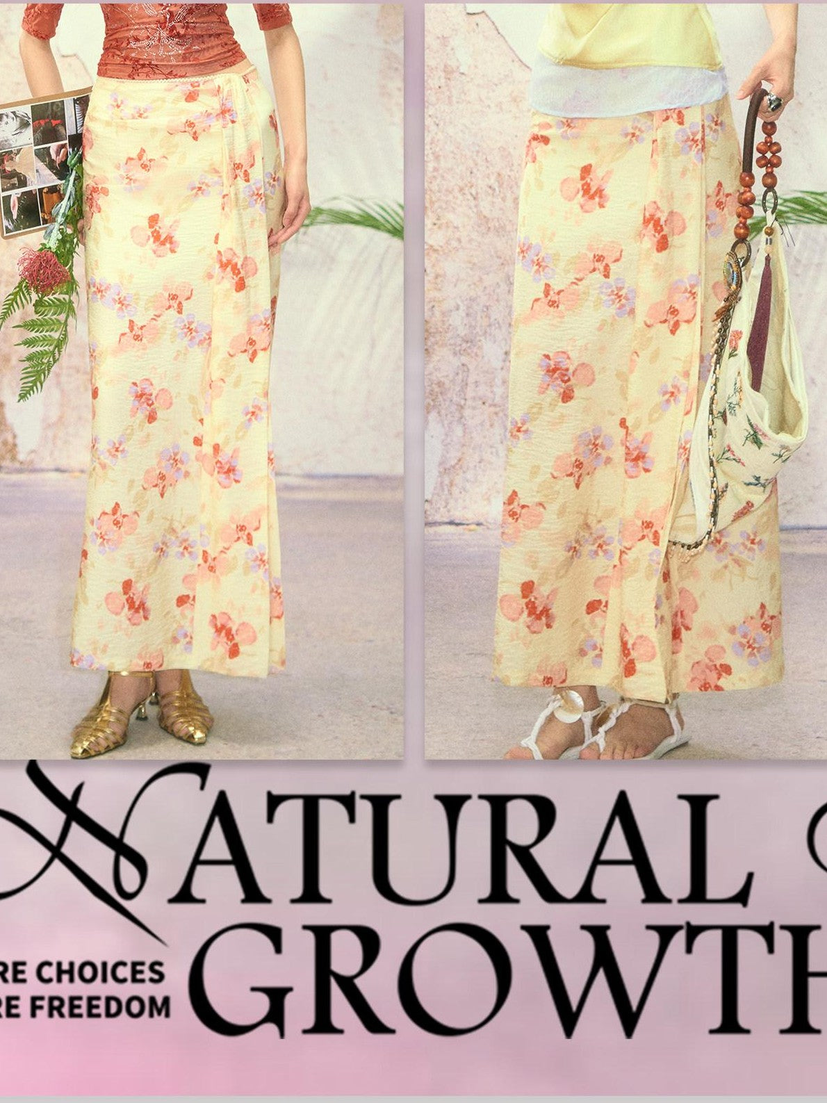 OfAkiva Printed Floral Front Slit High Waist A Line Women&
