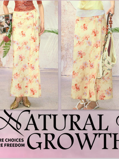 OfAkiva Printed Floral Front Slit High Waist A Line Women&