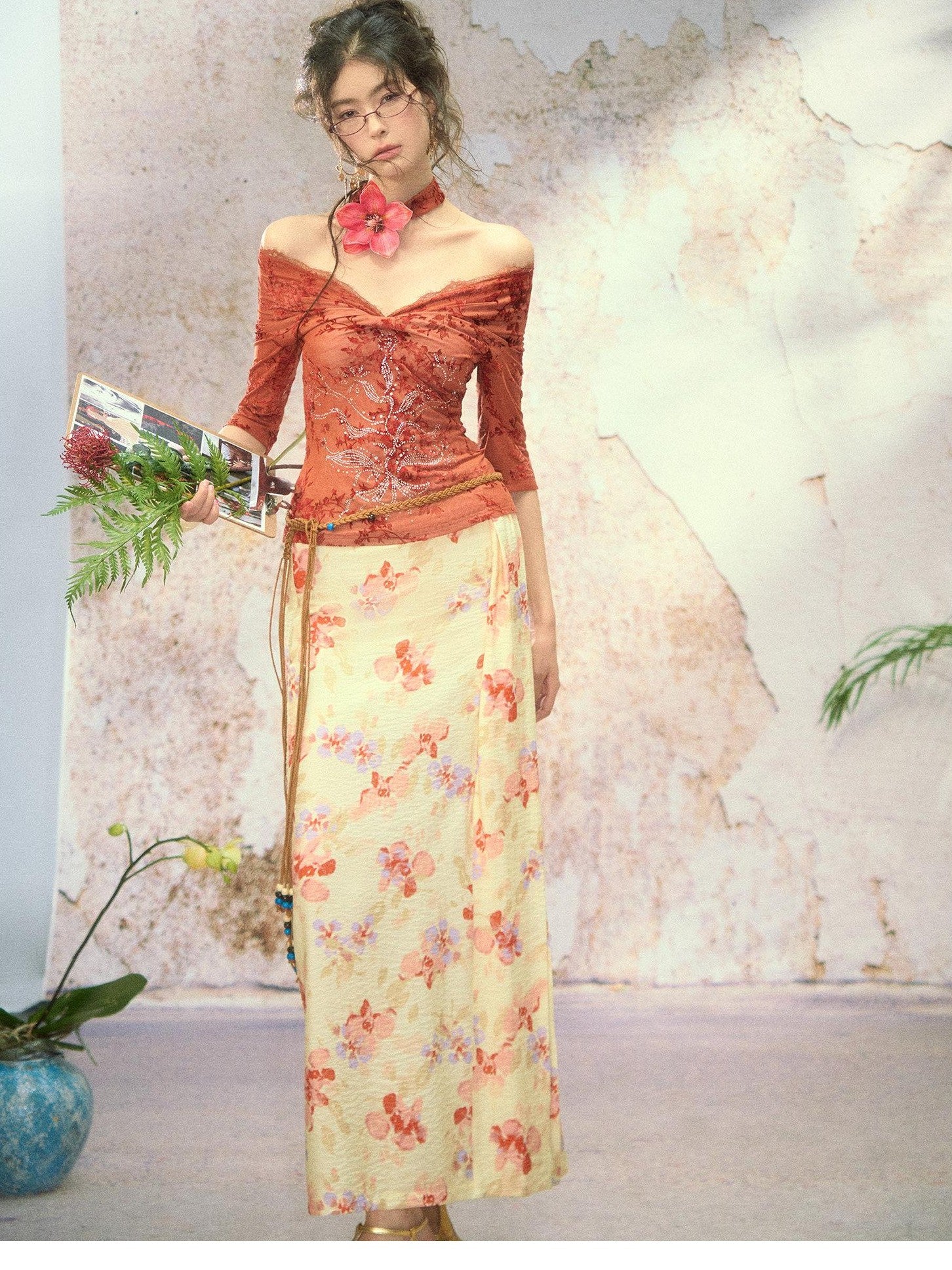 OfAkiva Printed Floral Front Slit High Waist A Line Women&