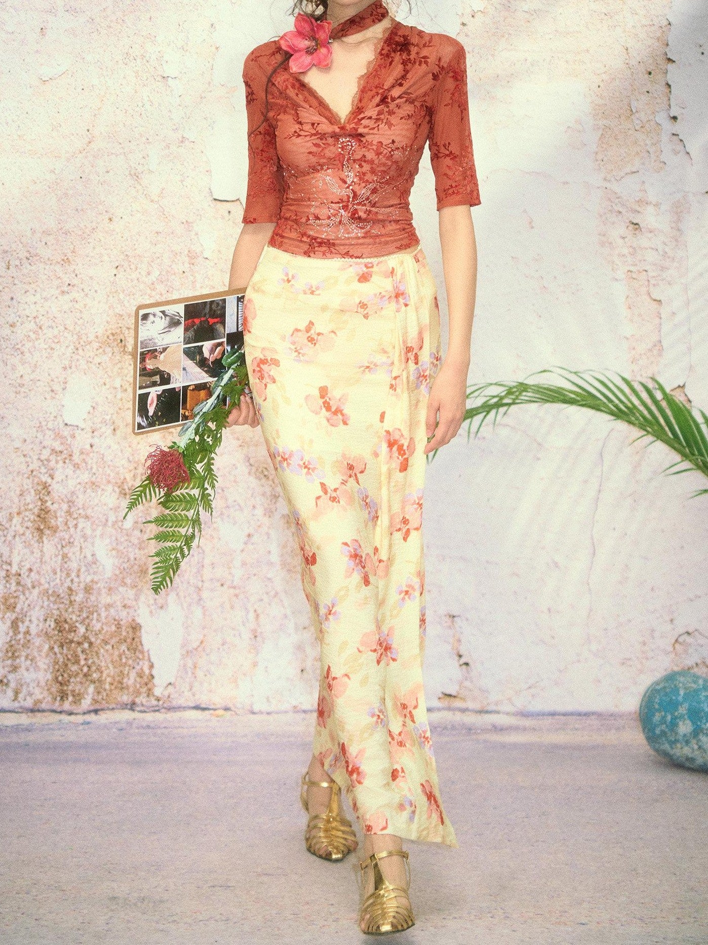 OfAkiva Printed Floral Front Slit High Waist A Line Women&