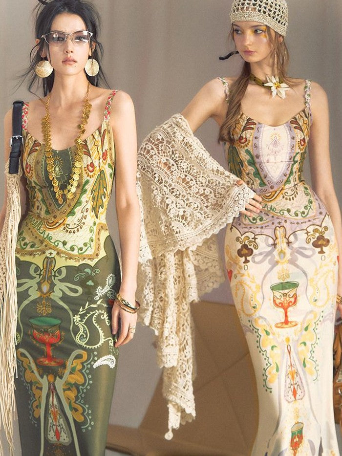 OfAkiva Printed High Waist Spaghetti Strap Fishtail Women&