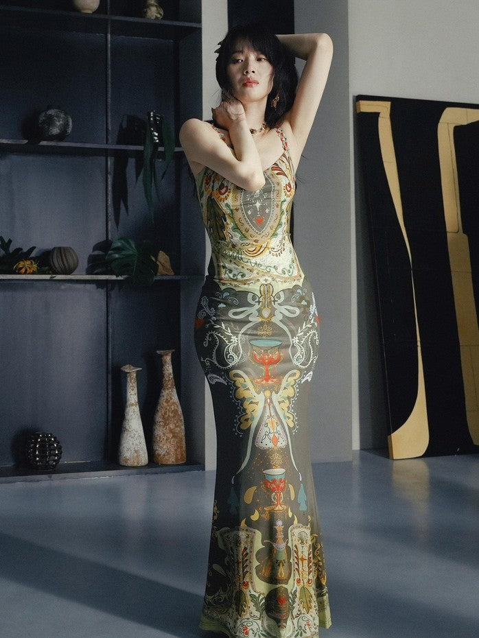 OfAkiva Printed High Waist Spaghetti Strap Fishtail Women&