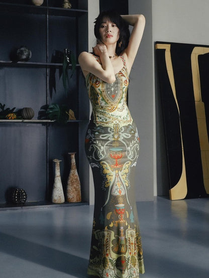 OfAkiva Printed High Waist Spaghetti Strap Fishtail Women&