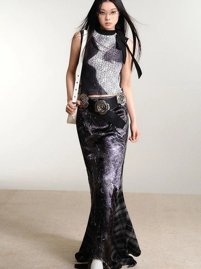 OfAkiva Printed Lace Mesh Stretch Tank