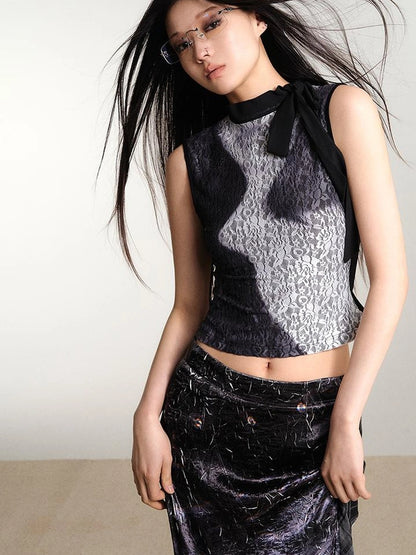 OfAkiva Printed Lace Mesh Stretch Tank