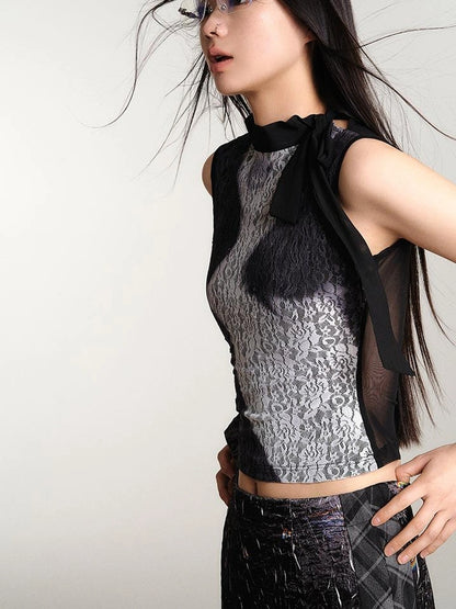 OfAkiva Printed Lace Mesh Stretch Tank