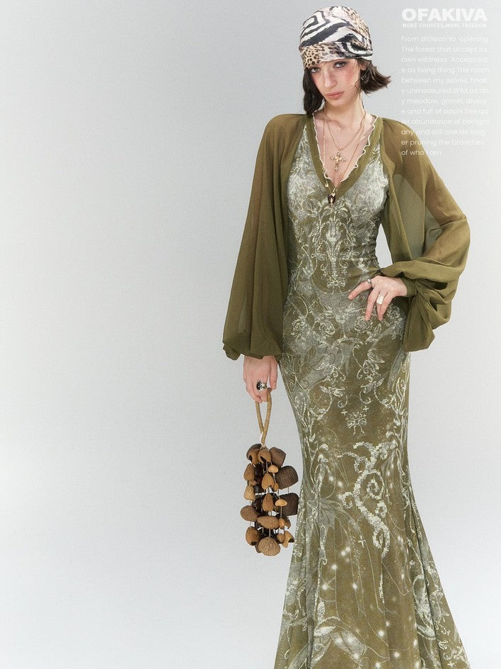 OfAkiva Printed Lantern Sleeve V-neck Women&