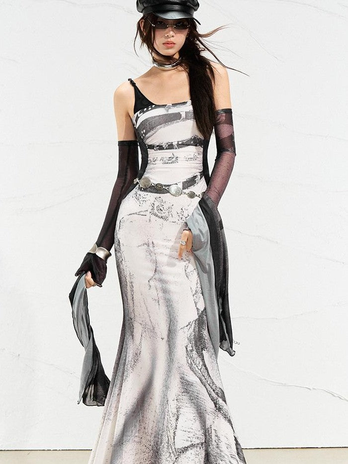 OfAkiva Printed Mesh Ruched Mermaid Women&