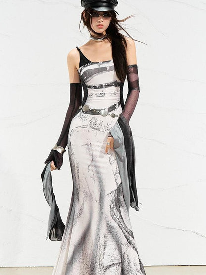 OfAkiva Printed Mesh Ruched Mermaid Women&
