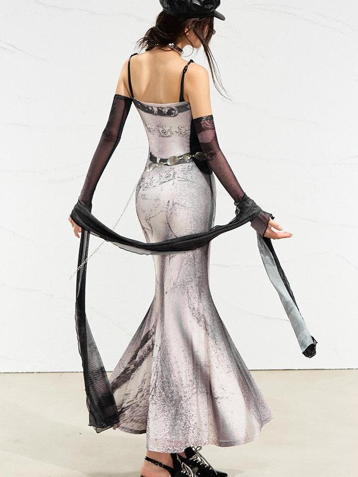 OfAkiva Printed Mesh Ruched Mermaid Women&