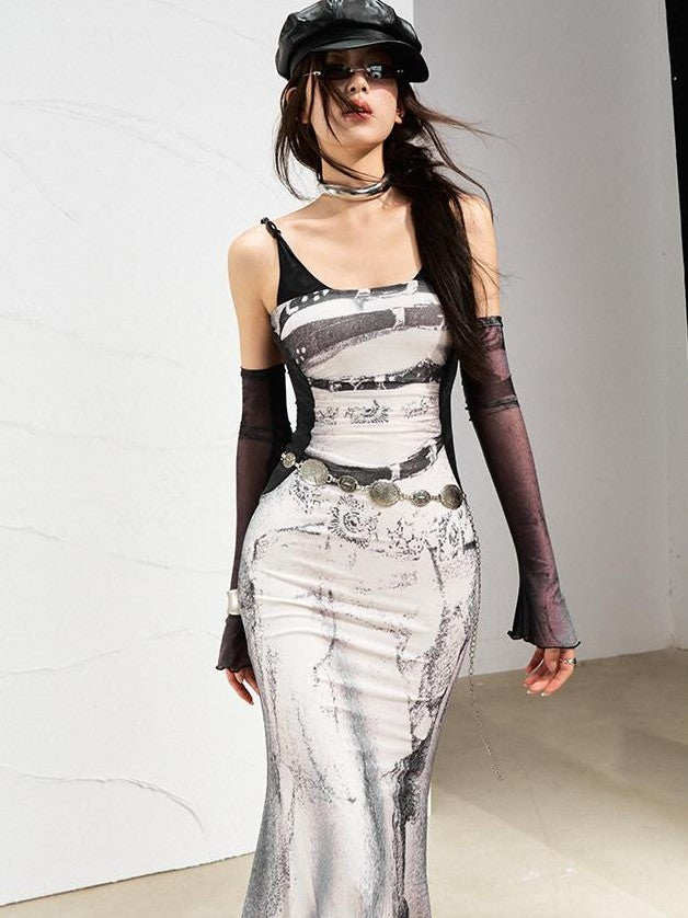 OfAkiva Printed Mesh Ruched Mermaid Women&
