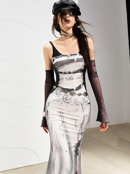 OfAkiva Printed Mesh Ruched Mermaid Women&