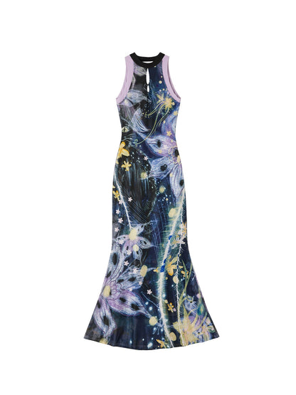OfAkiva Printed Reversible U Back Halter A Line Women&