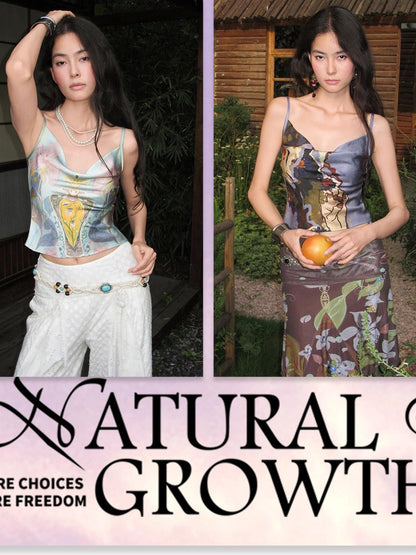 OfAkiva Printed Satin Cowl Neck Bias Cut Women&