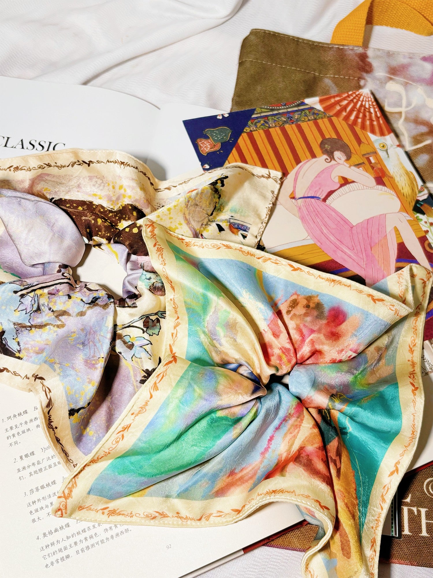 OfAkiva Provence Floral Colorblock Print Lace Spliced Square Scarf Women&