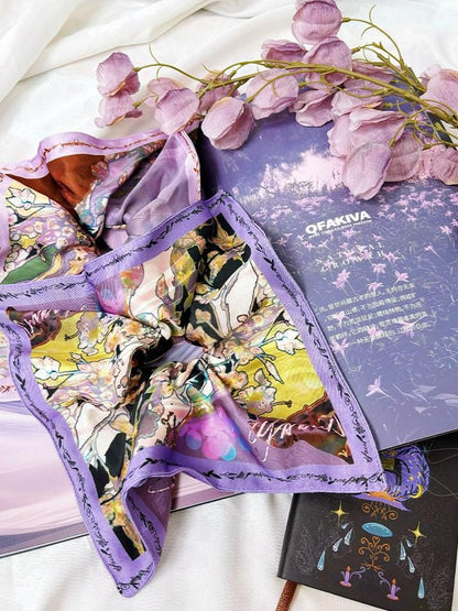 OfAkiva Provence Floral Colorblock Print Lace Spliced Square Scarf Women&