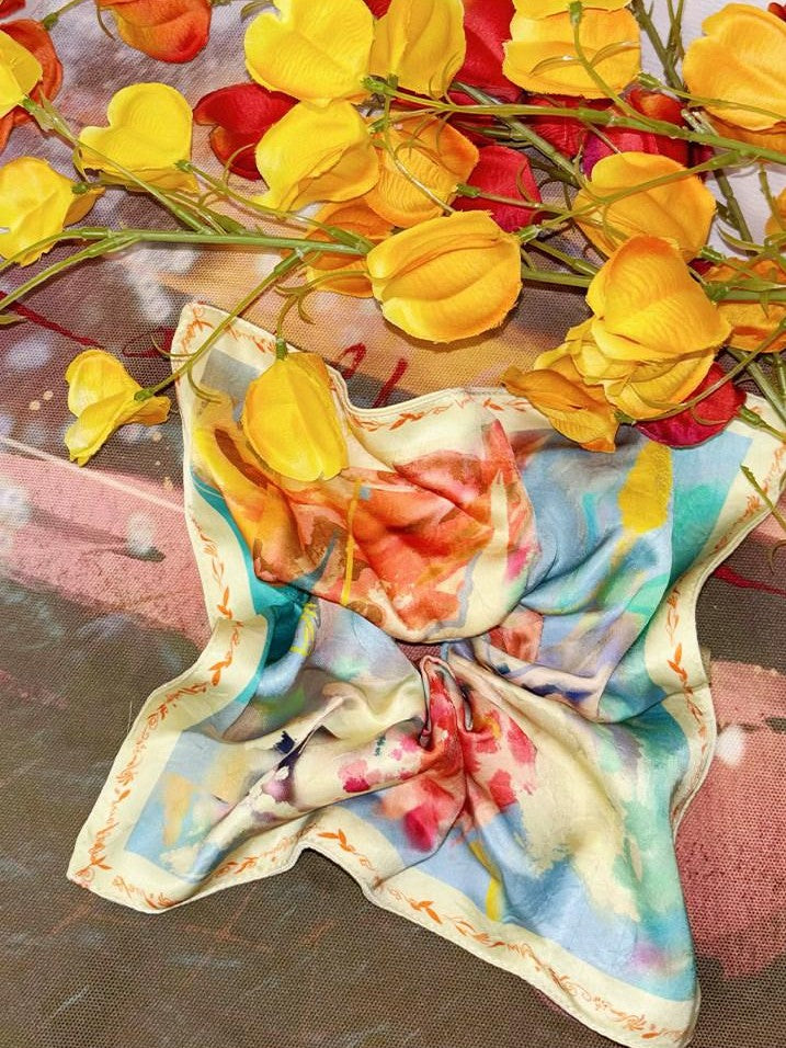 OfAkiva Provence Floral Colorblock Print Lace Spliced Square Scarf Women&
