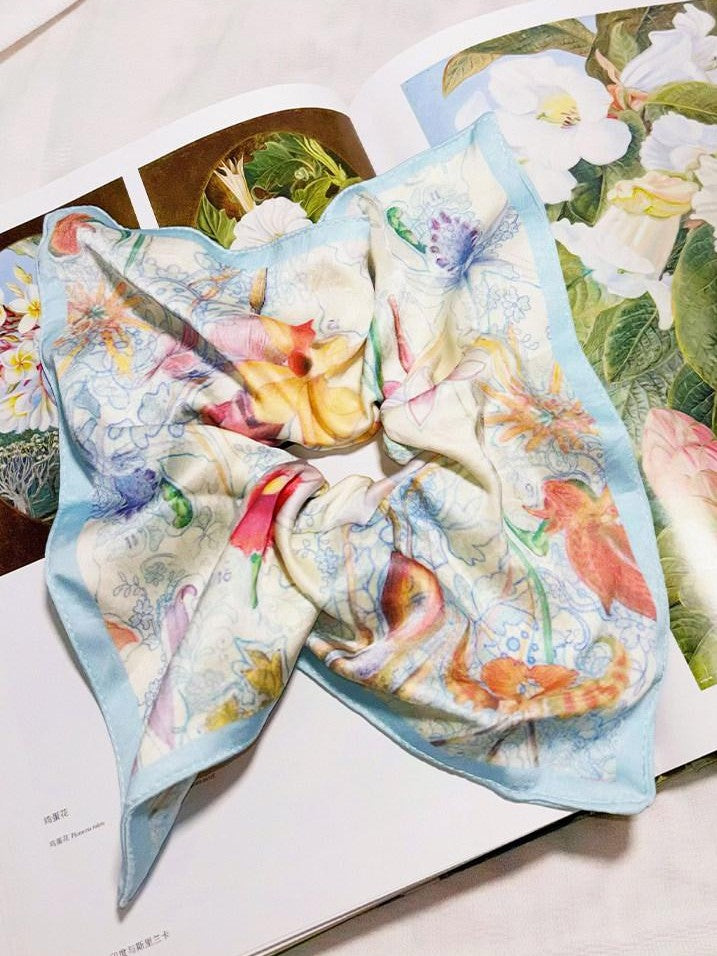 OfAkiva Provence Floral Colorblock Print Lace Spliced Square Scarf Women&