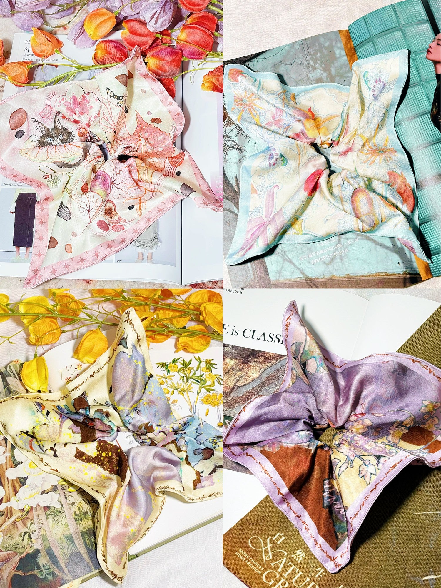 OfAkiva Provence Floral Colorblock Print Lace Spliced Square Scarf Women&
