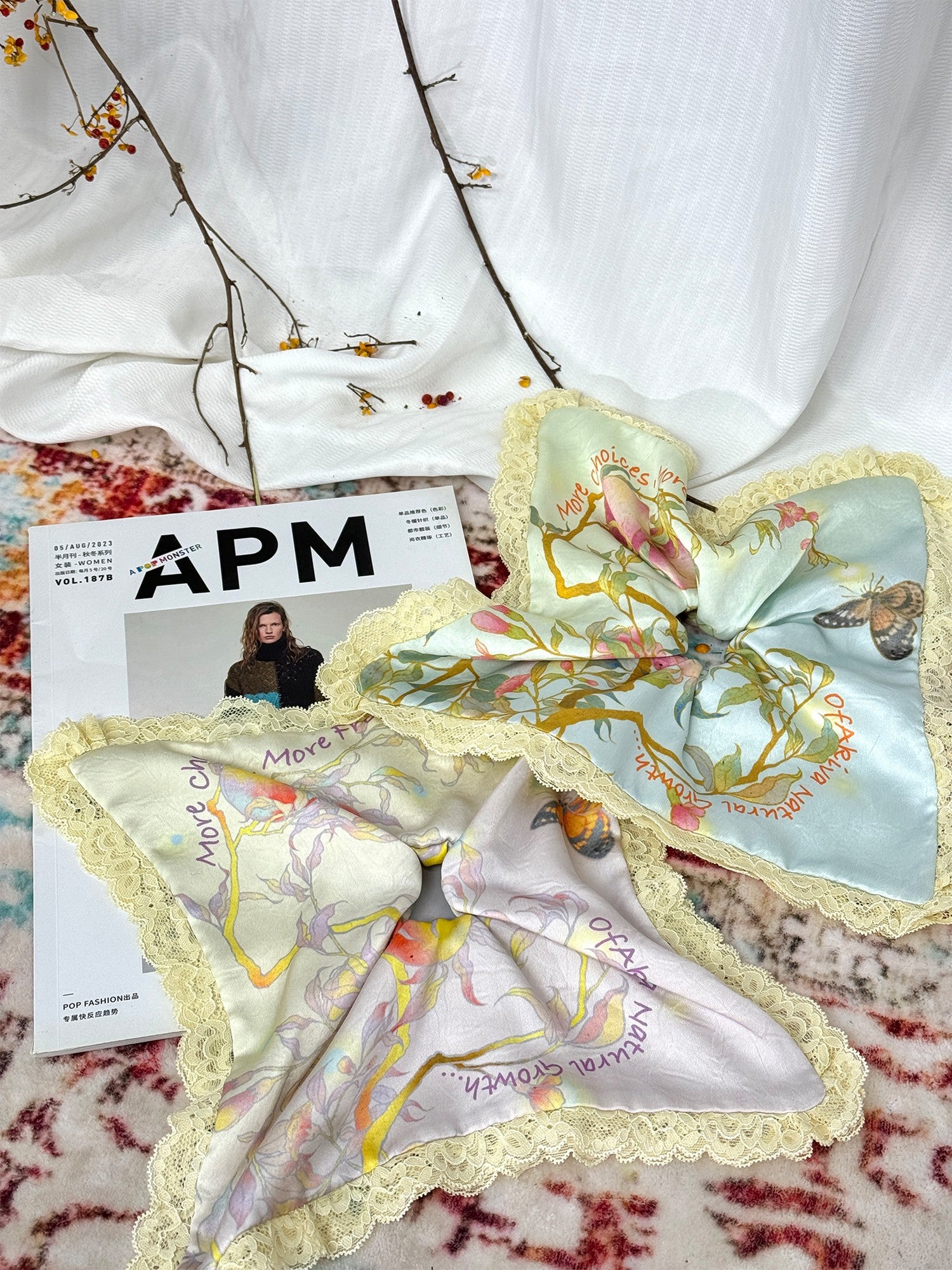 OfAkiva Provence Floral Colorblock Print Lace Spliced Square Scarf Women&