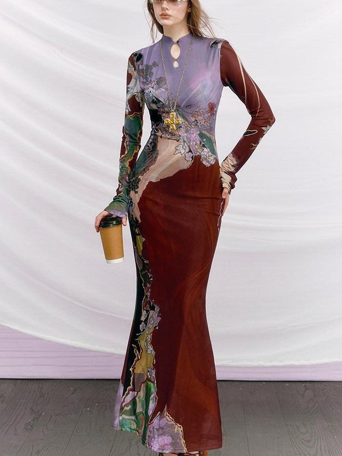 OfAkiva Purple Colorblock Print New Chinese Women&