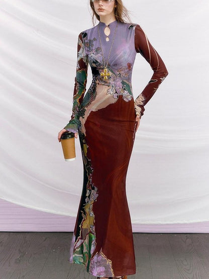 OfAkiva Purple Colorblock Print New Chinese Women&