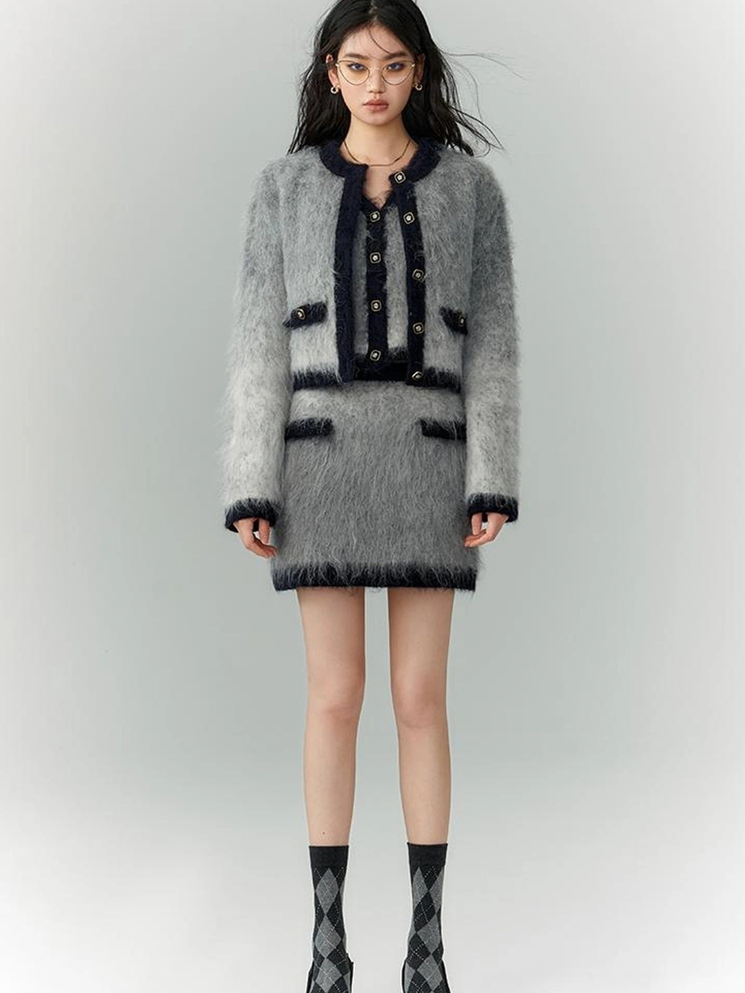 OfAkiva Rebel Gradient Alpaca Knit Set V-neck T-shirt Long Sleeve