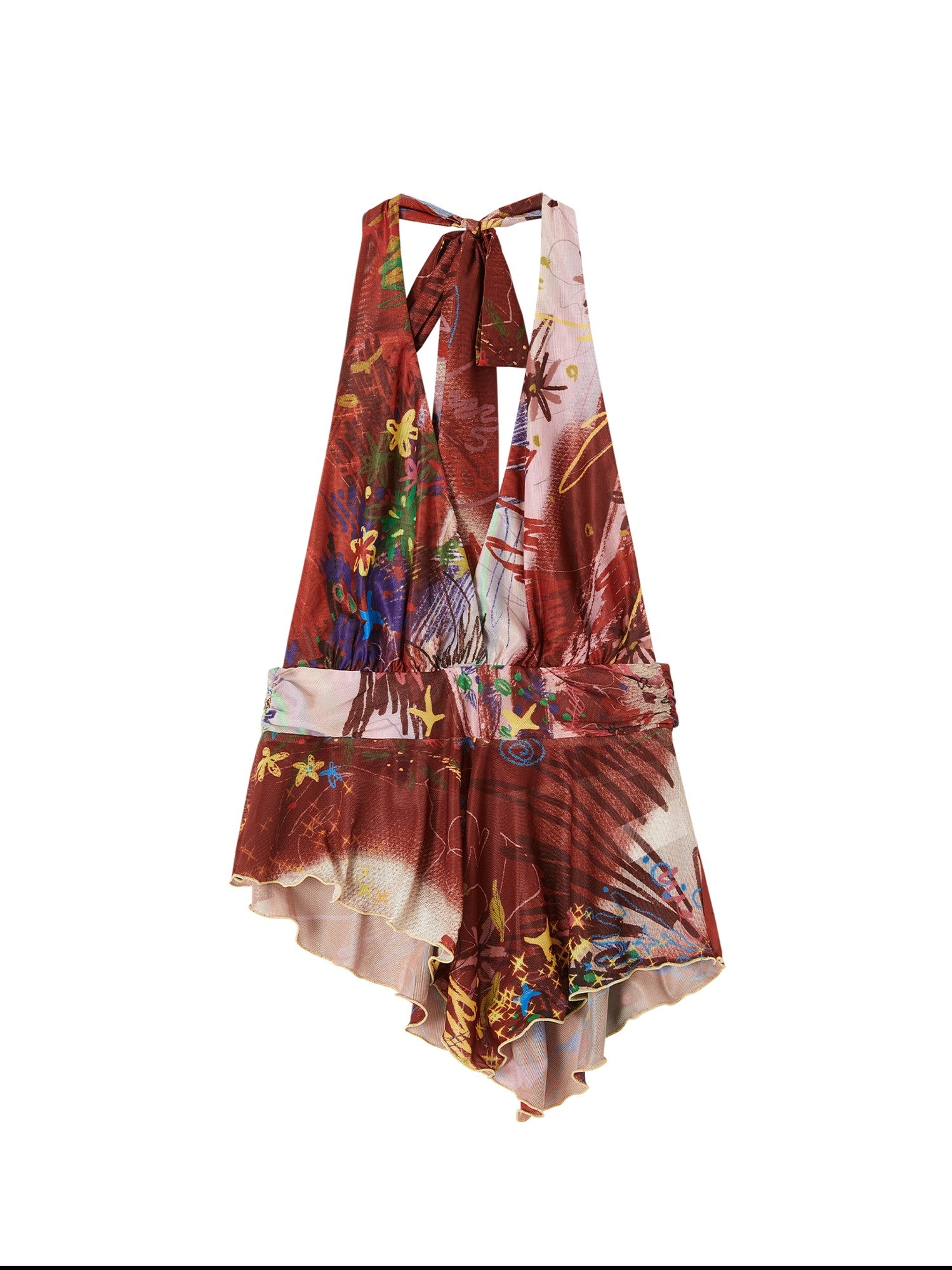 OfAkiva Red Ombre Print Asymmetric Ruffle V-neck Tie Front Women&