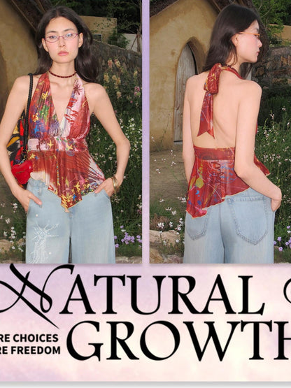 OfAkiva Red Ombre Print Asymmetric Ruffle V-neck Tie Front Women&